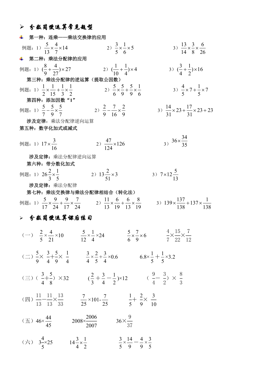 人教版六年级上册分数简便运算常见题型_第1页