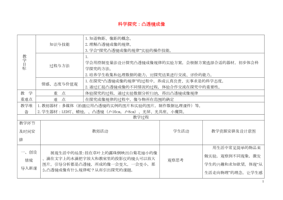 四年級(jí)科學(xué)下冊(cè) 一 奇妙的光 3凸透鏡成像教案 新人教版(共7頁(yè)DOC)_第1頁(yè)