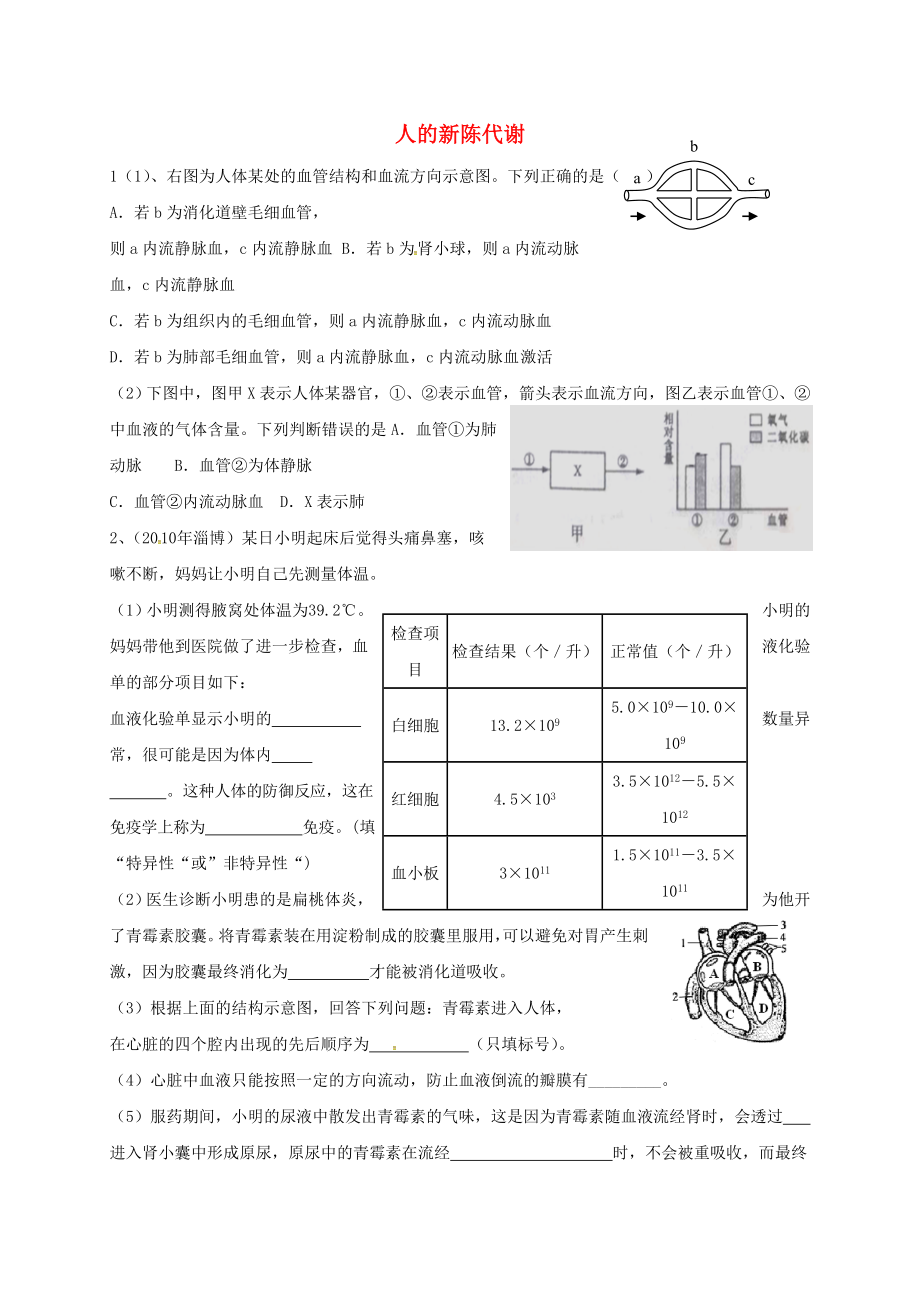 九年级生物下册人的新陈代谢导学案无答案鲁教版_第1页