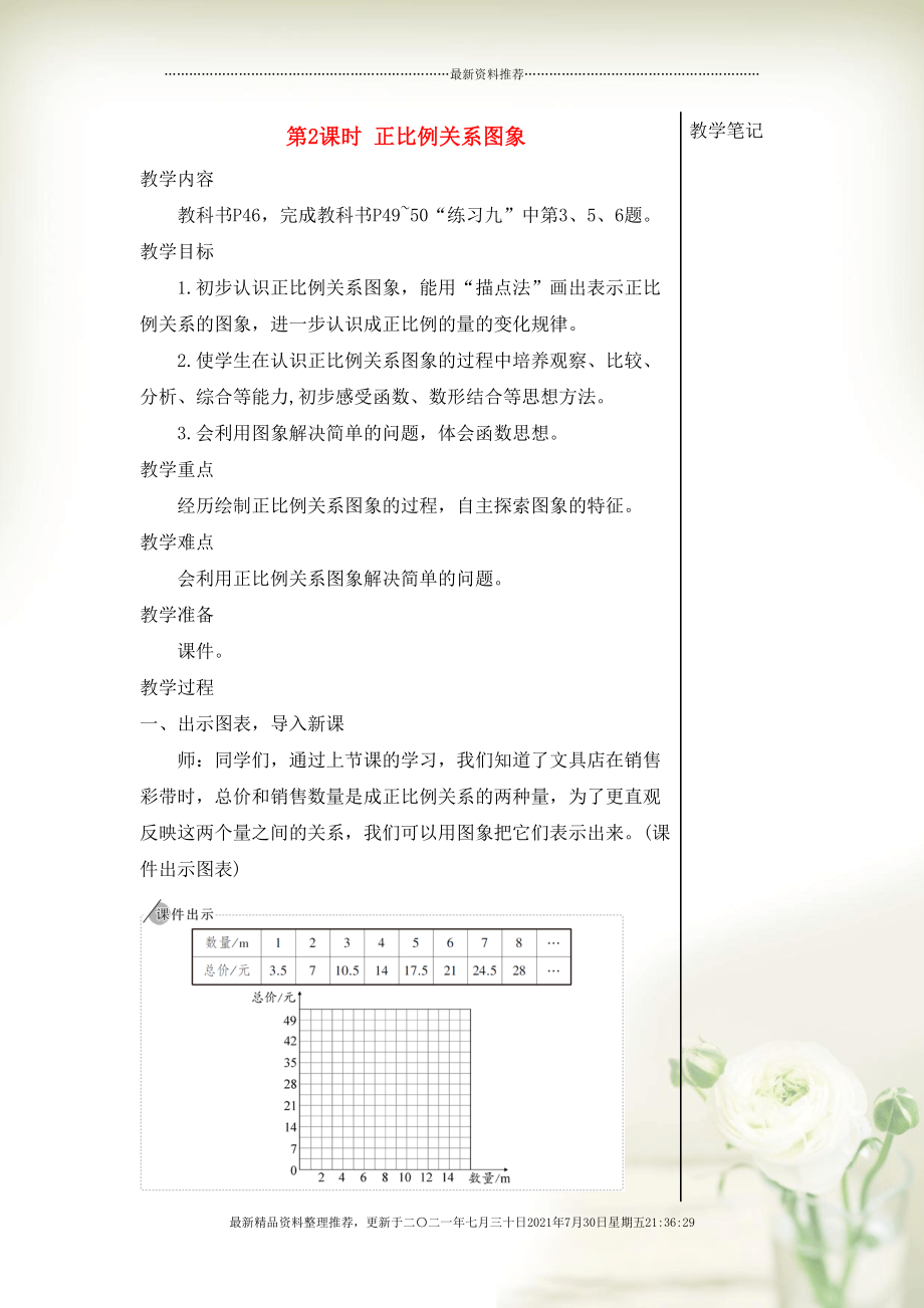 六年级数学下册 第4单元 比例 2正比例和反比例第2课时 正比例关系图象教案 新人教版(共8页DOC)_第1页