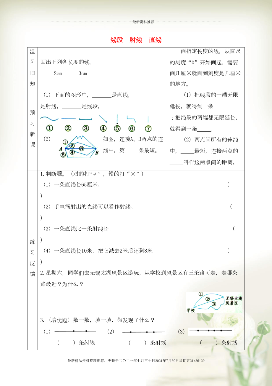 四年級數(shù)學上冊 八 垂線與平行線 線段 射線 直線預習學案 蘇教版(共3頁DOC)_第1頁