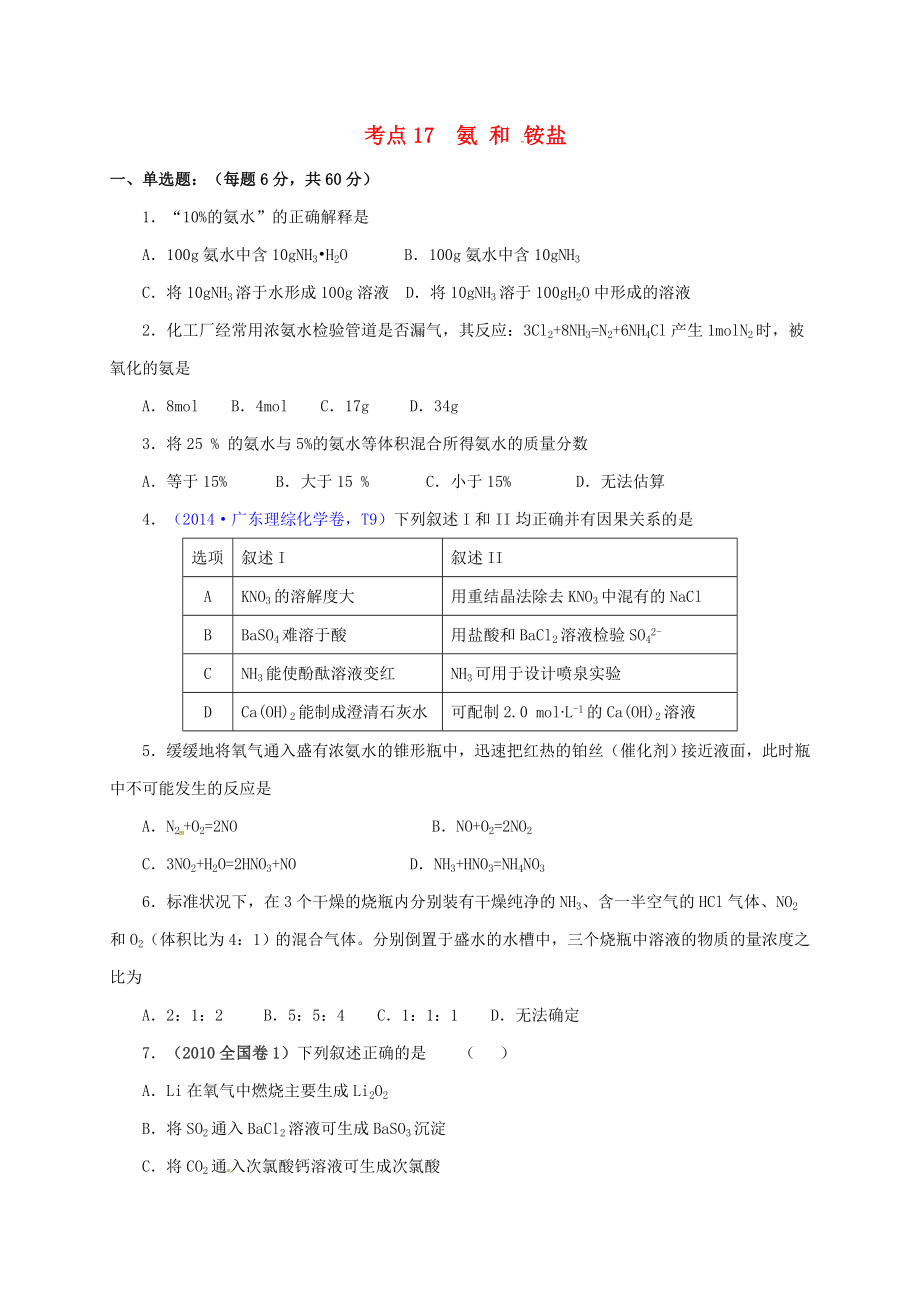 山西省忻州市第一中学高三化学一轮复习考点17氨和铵盐测标题_第1页