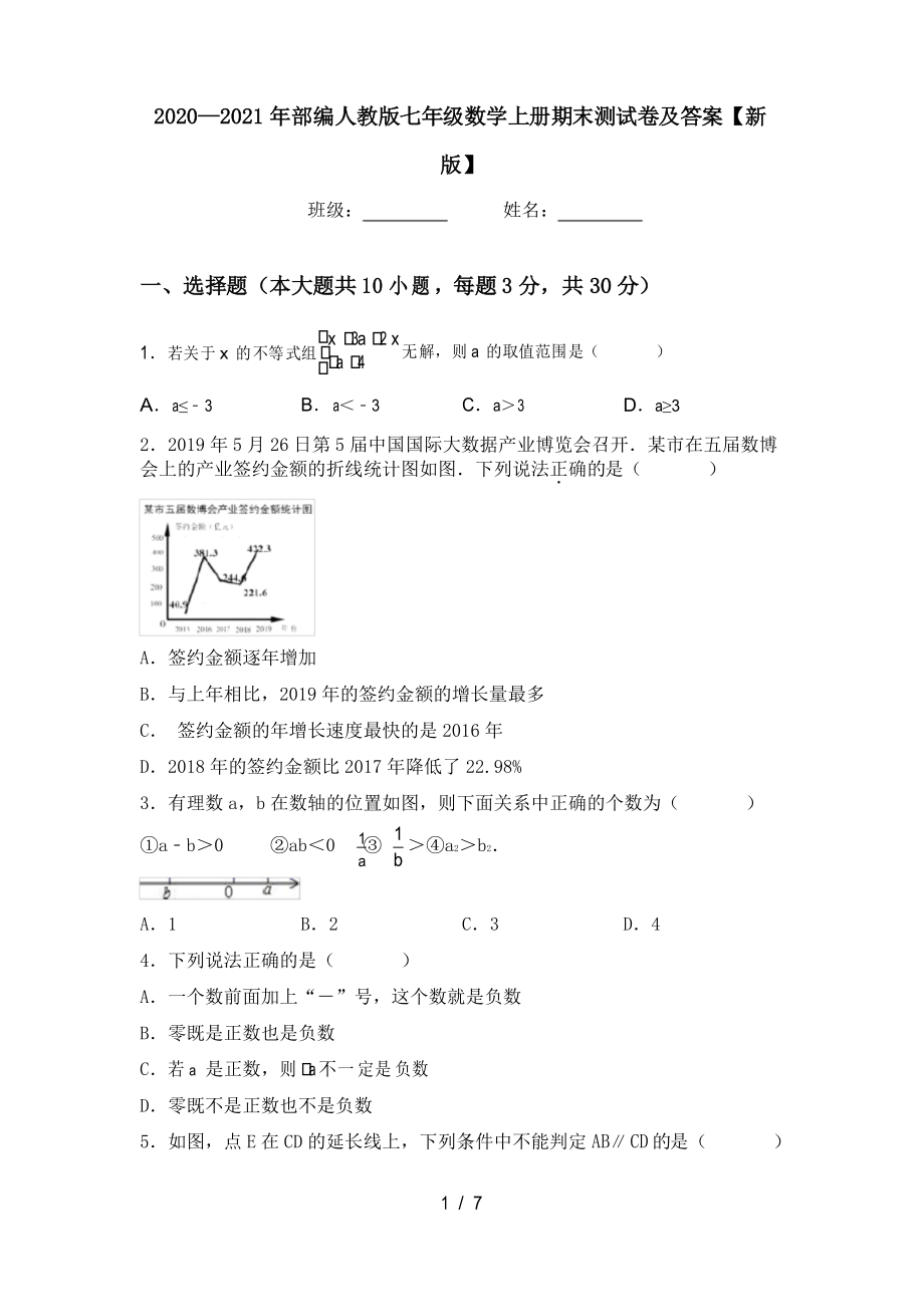 2020—2021年部编人教版七年级数学上册期末测试卷及答案_第1页