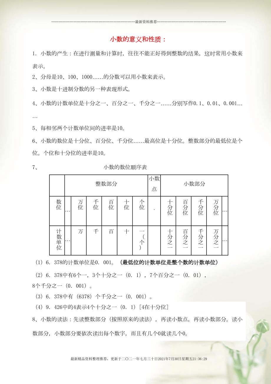 四年級(jí)數(shù)學(xué)下冊(cè) 五 動(dòng)物世界——小數(shù)的意義和性質(zhì)（小數(shù)的意義和性質(zhì)）知識(shí)歸納 青島版六三制(共3頁DOC)_第1頁