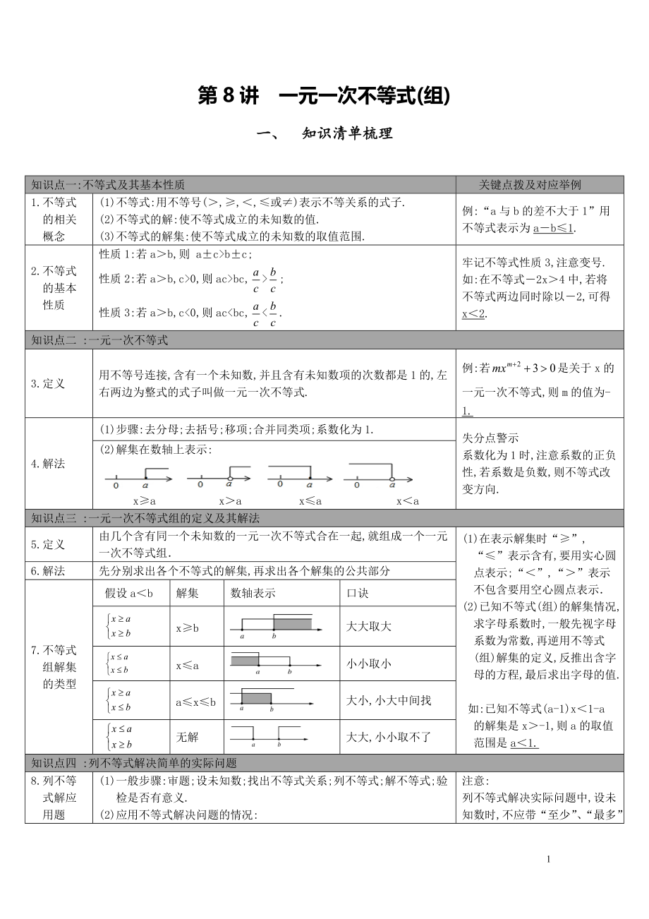 【中考知識點梳理】第8講-一元一次不等式(組)_第1頁