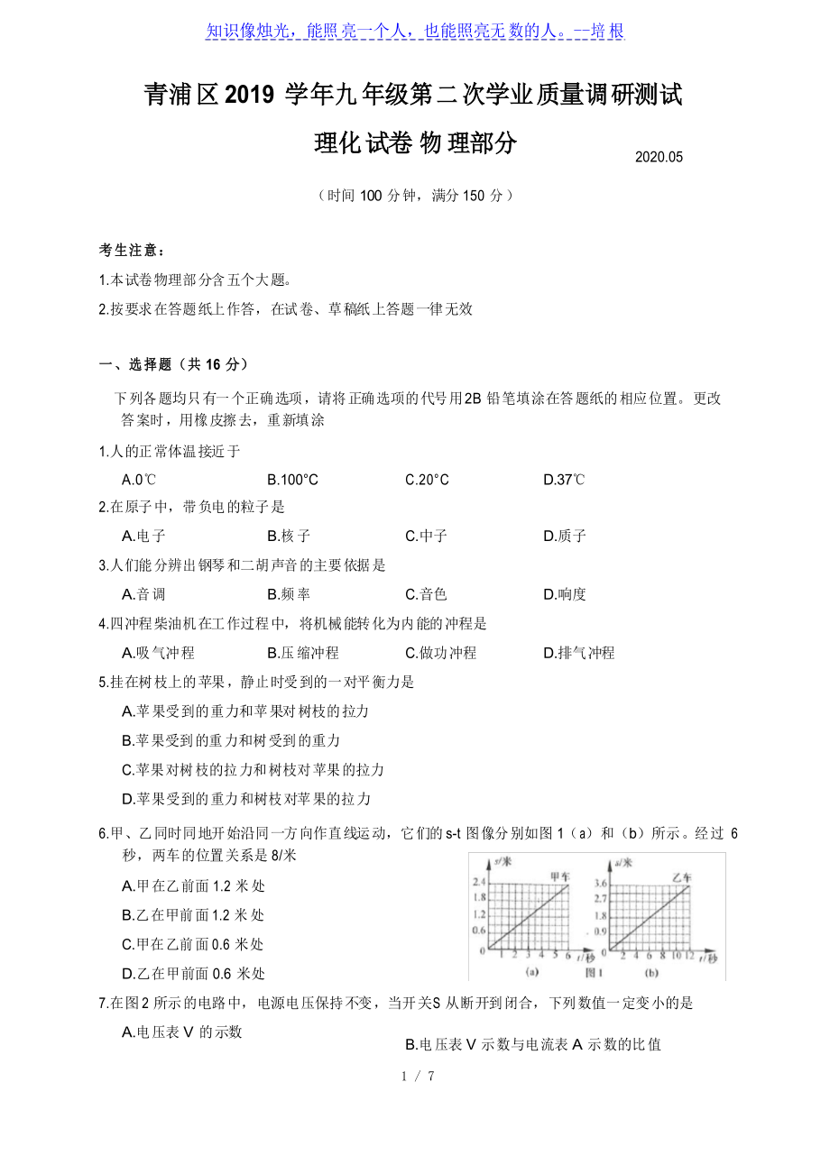 上海市青浦区2020年九年级物理中考二模试卷包要点和评分标准_第1页