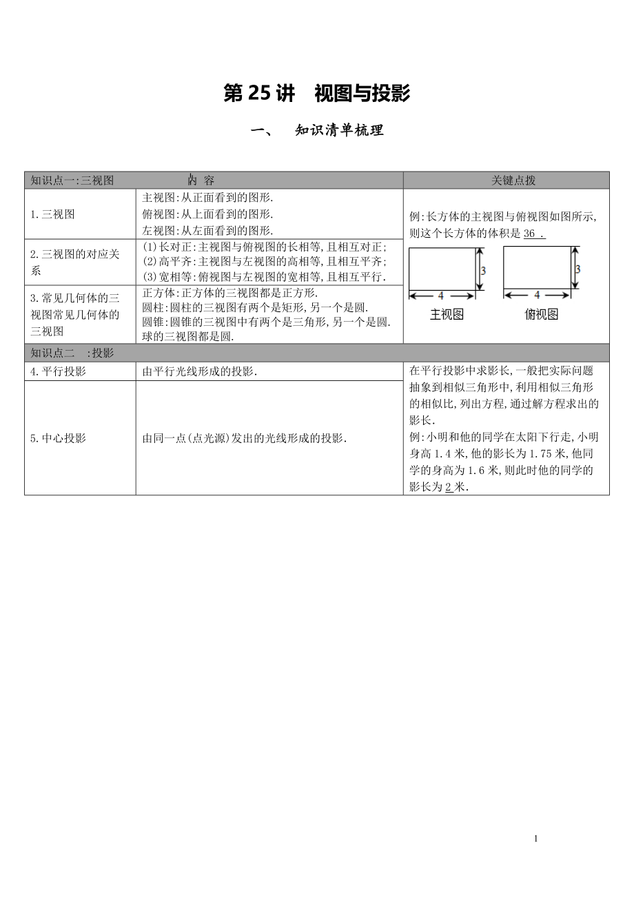 【中考知識點梳理】第25講-視圖與投影_第1頁