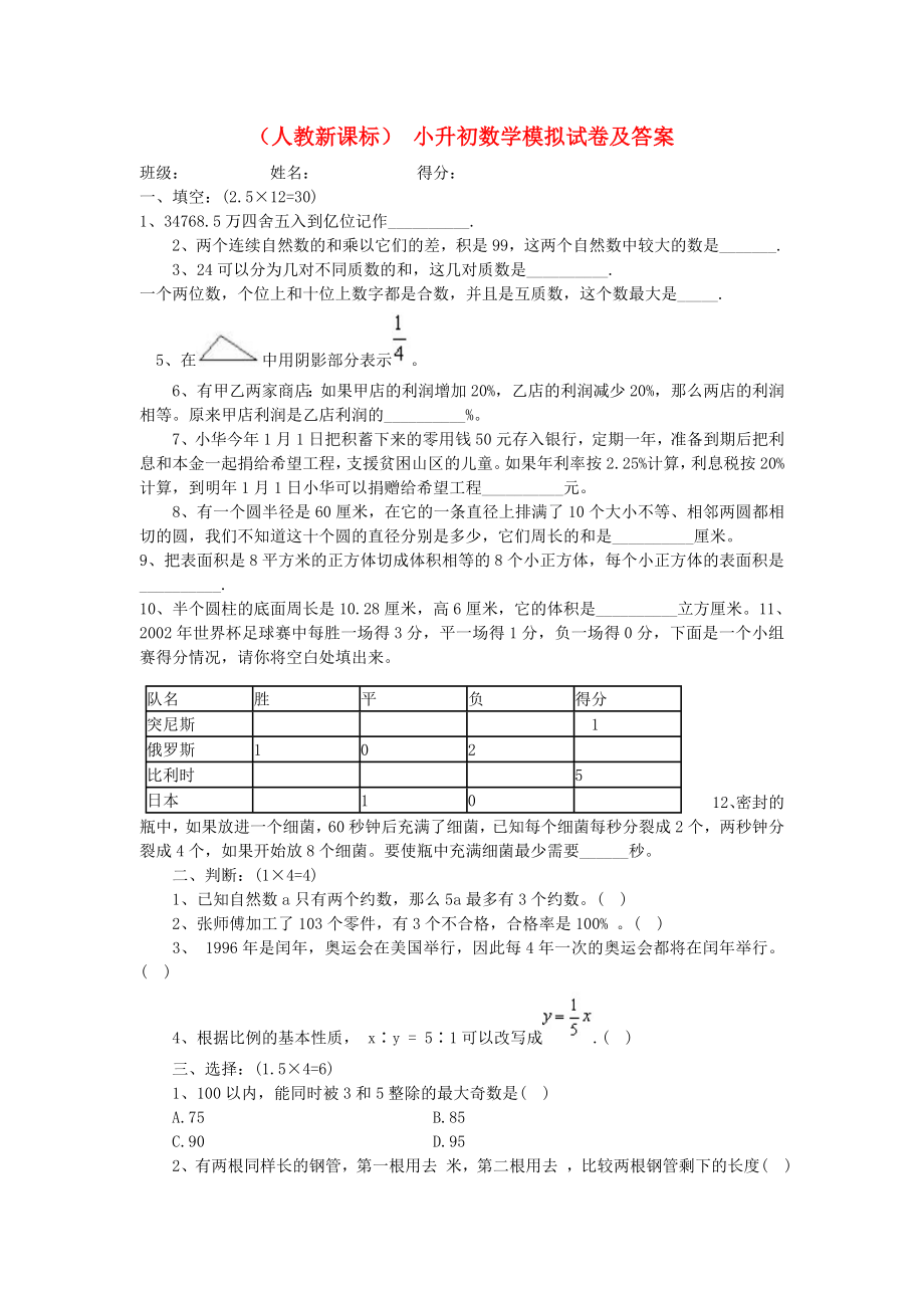 小升初數(shù)學模擬試卷 人教新課標版_第1頁