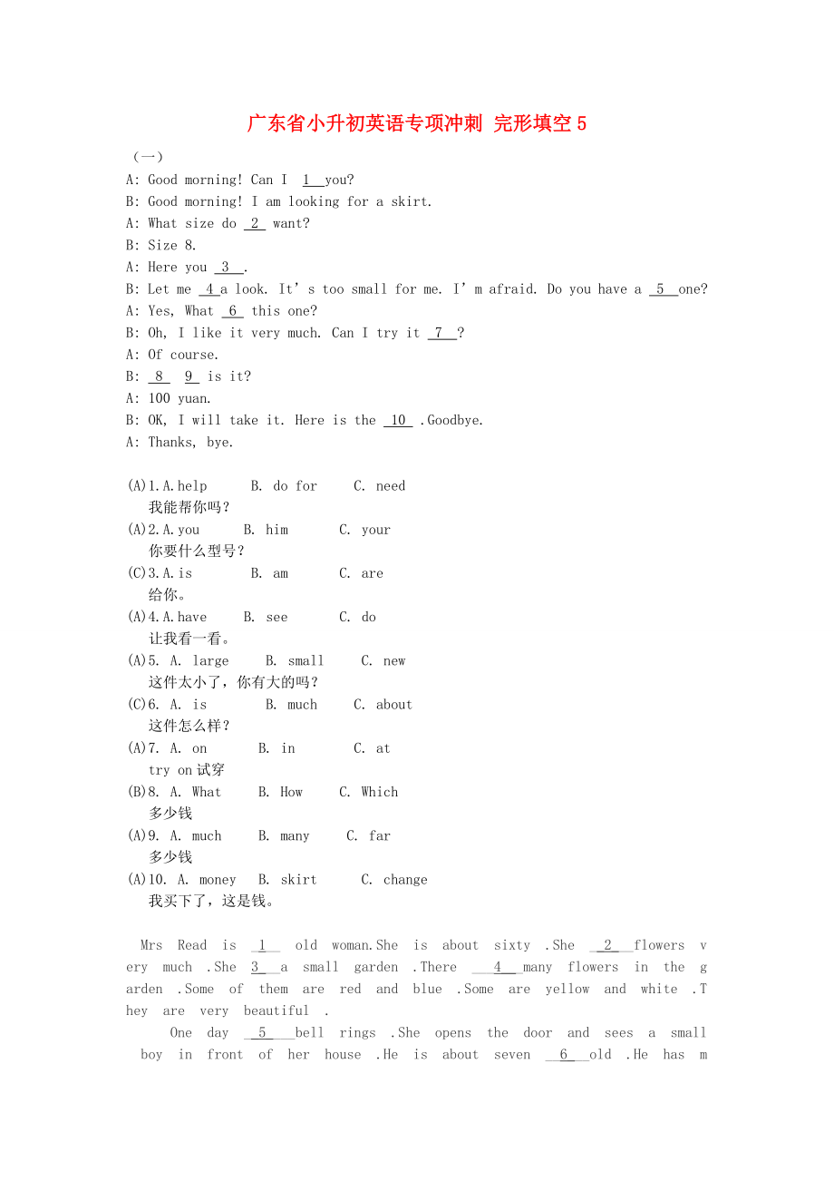 廣東省小升初英語專項(xiàng)沖刺 完形填空5_第1頁