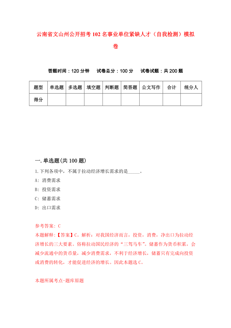 云南省文山州公开招考102名事业单位紧缺人才（自我检测）模拟卷（第5次）_第1页