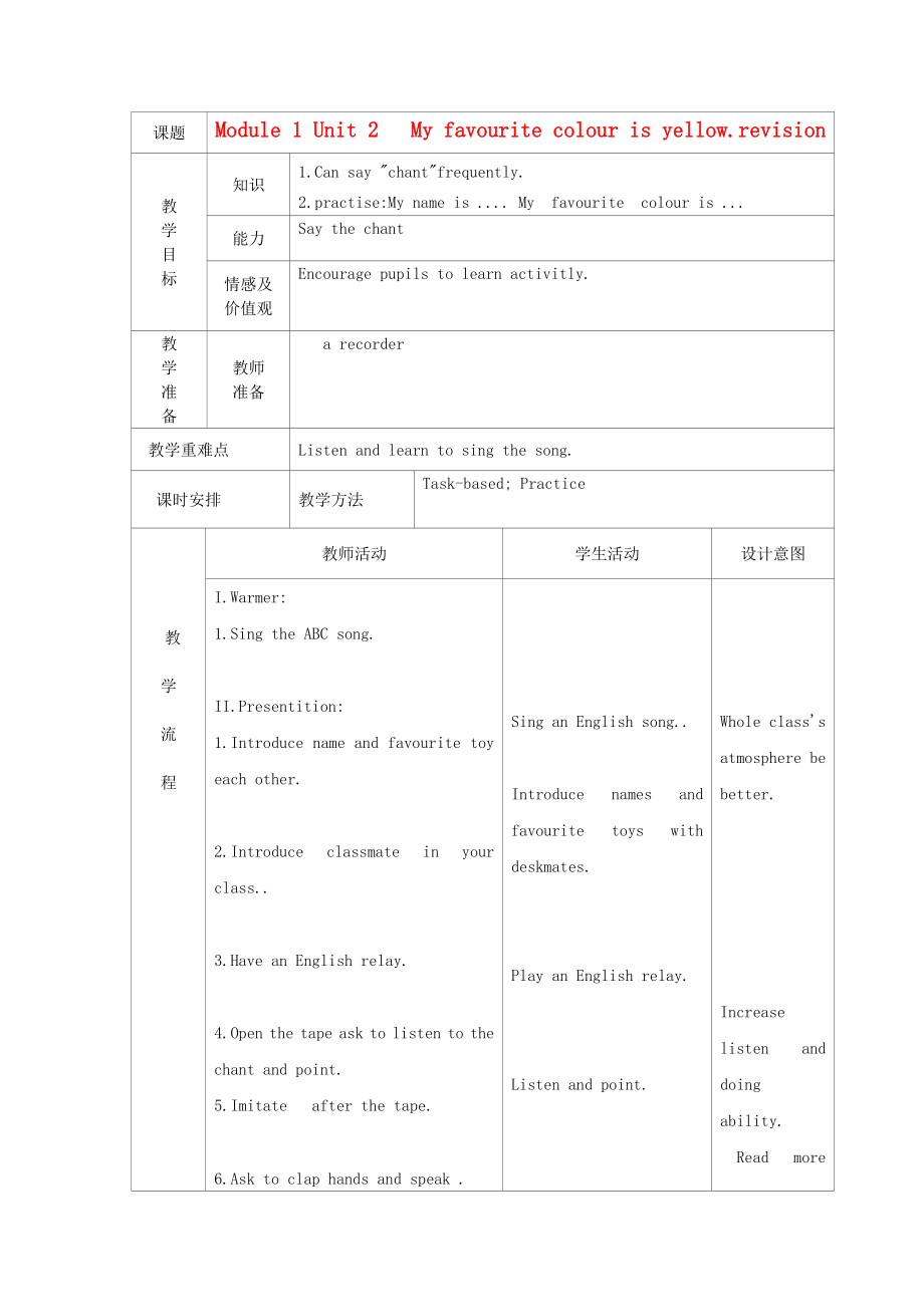 2015春三年级英语下册 Module 1 Unit 2 My favourite colour is yellow教案 外研版（三起）_第1页