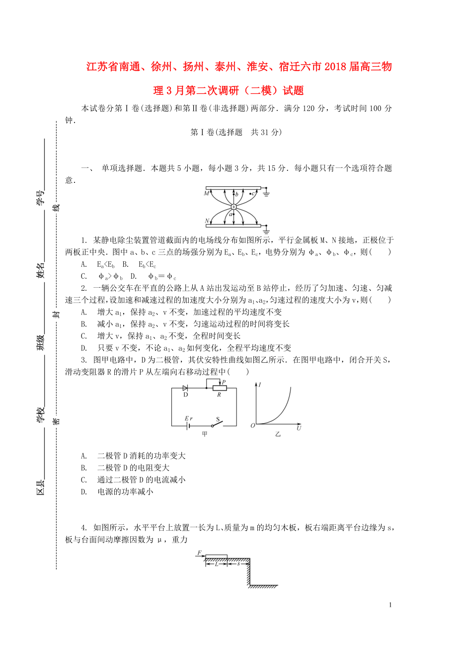 江苏省南通徐州扬州泰州淮安宿迁六市高三物理3月第二次调研二模试题04281816_第1页