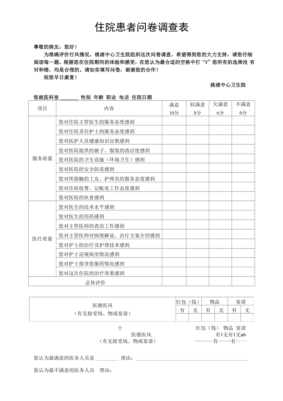 住院患者问卷调查表_第1页