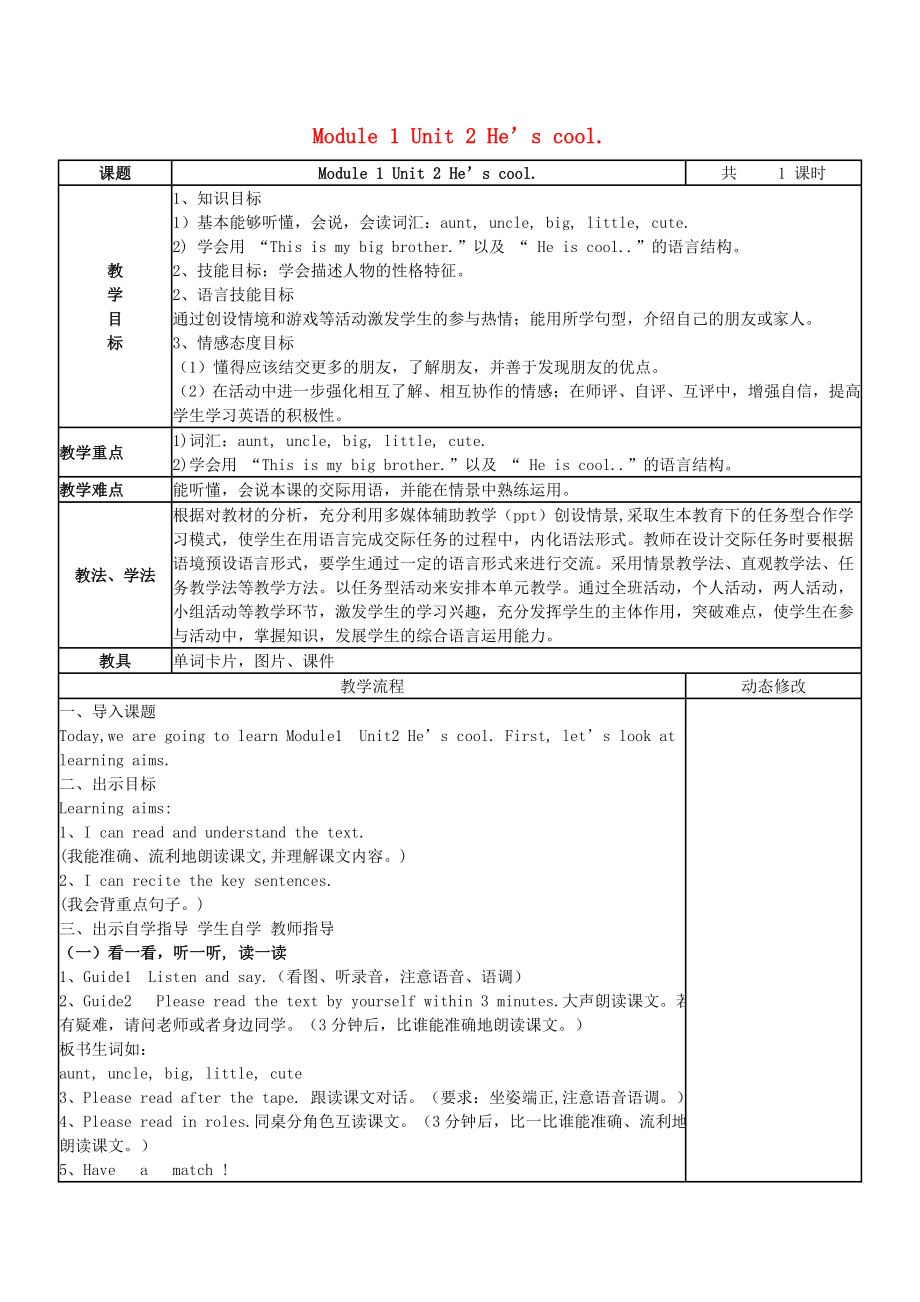 2015春四年級英語下冊 Module 1 Unit 2 He’s cool教案 外研版（三起）_第1頁