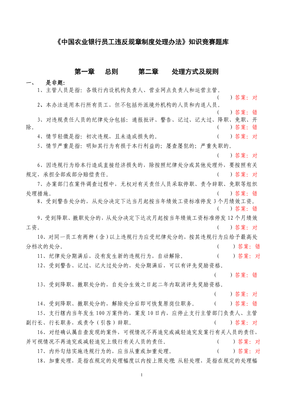 [中国农业银行员工违反规章制度处理办法]知识竞赛题库_第1页