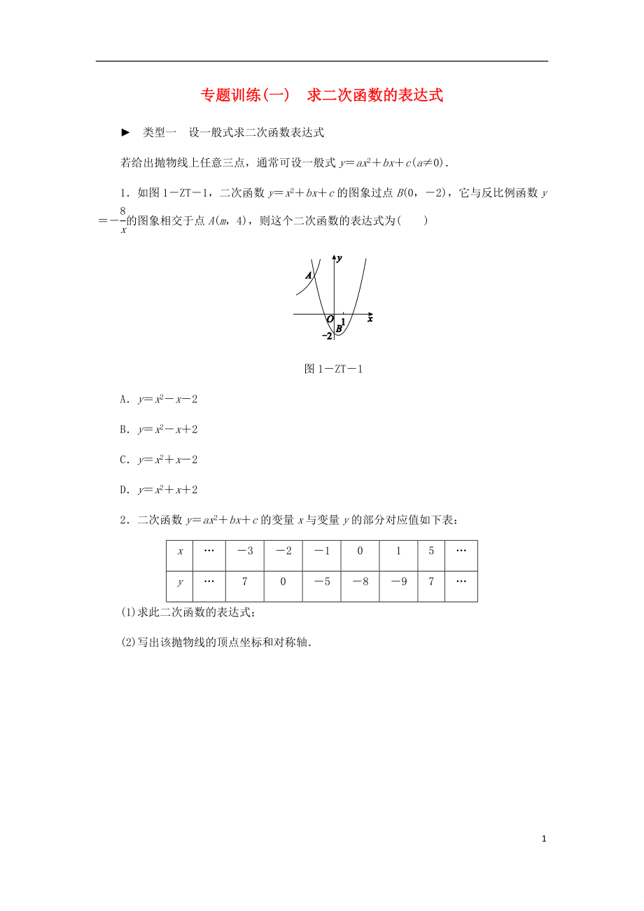 2018年秋九年级数学上册第1章二次函数(一)求二次函数的表达式同步练习新版浙教版20180811223_第1页