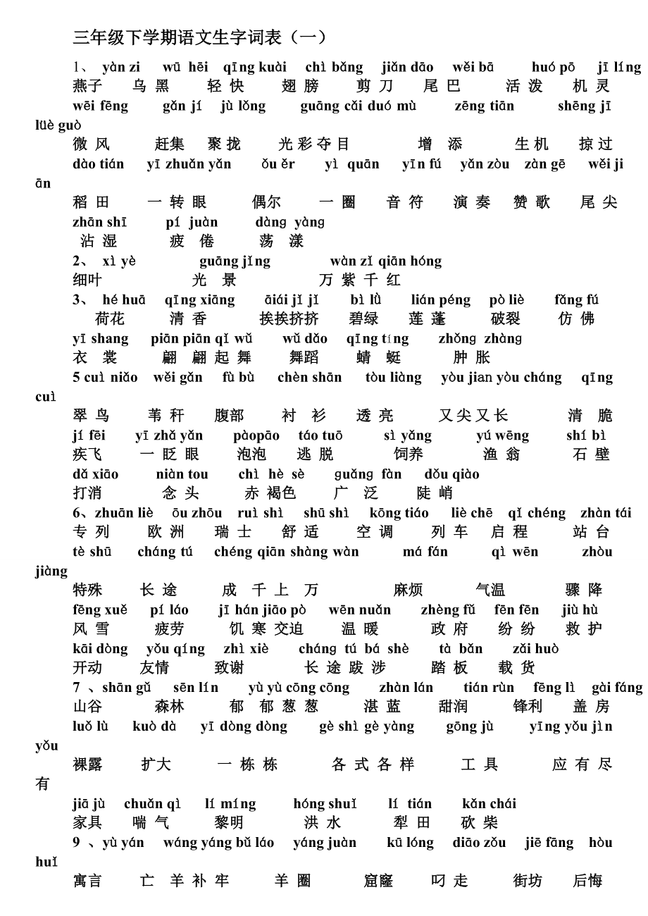 三年级语文下册词语表总表看拼音写汉字1_第1页