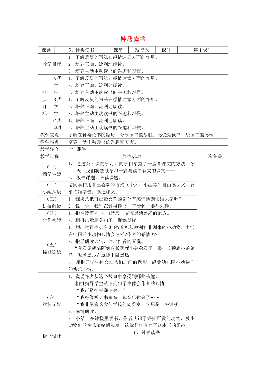 2015春五年級(jí)語(yǔ)文下冊(cè) 5《鐘樓讀書(shū)》教案 鄂教版_第1頁(yè)