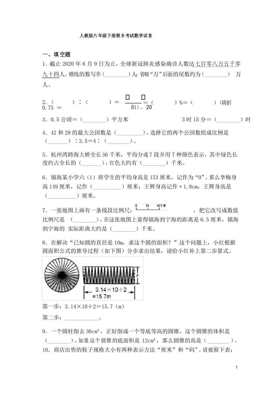 人教版六年级下册期末考试数学试题及答案_第1页