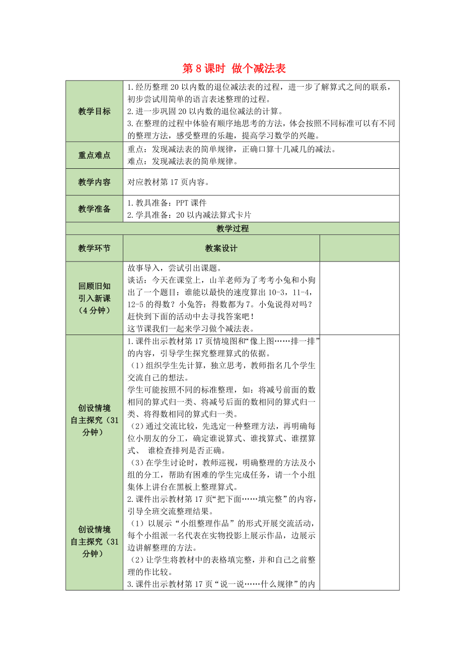 一年级数学下册第1单元加与减一1.8做个减法表表格式教案北师大版_第1页