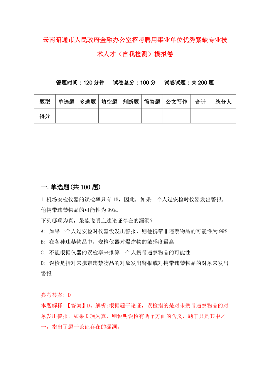 云南昭通市人民政府金融办公室招考聘用事业单位优秀紧缺专业技术人才（自我检测）模拟卷（第8卷）_第1页