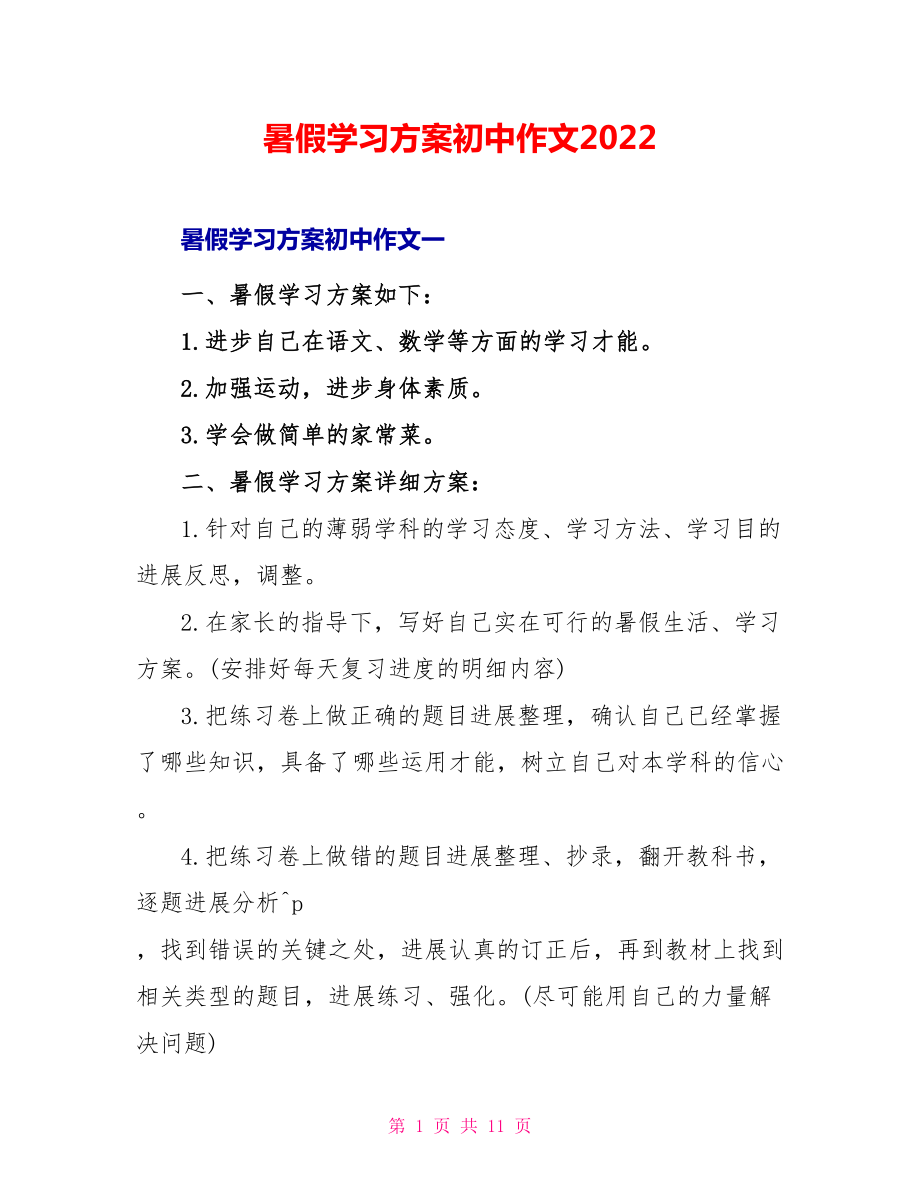 暑假学习计划初中作文2022_第1页