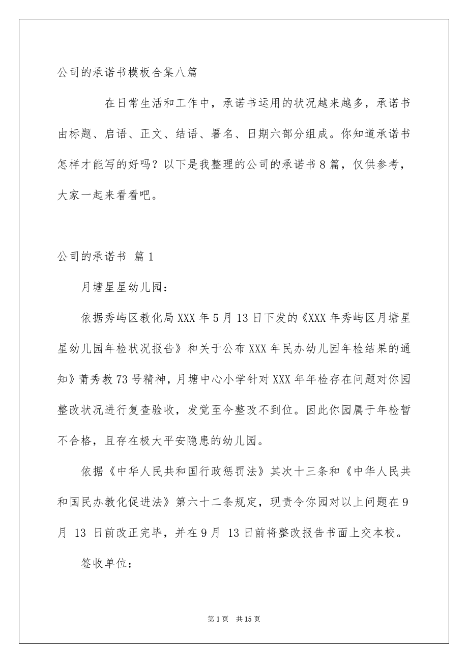 公司的承诺书模板合集八篇_第1页