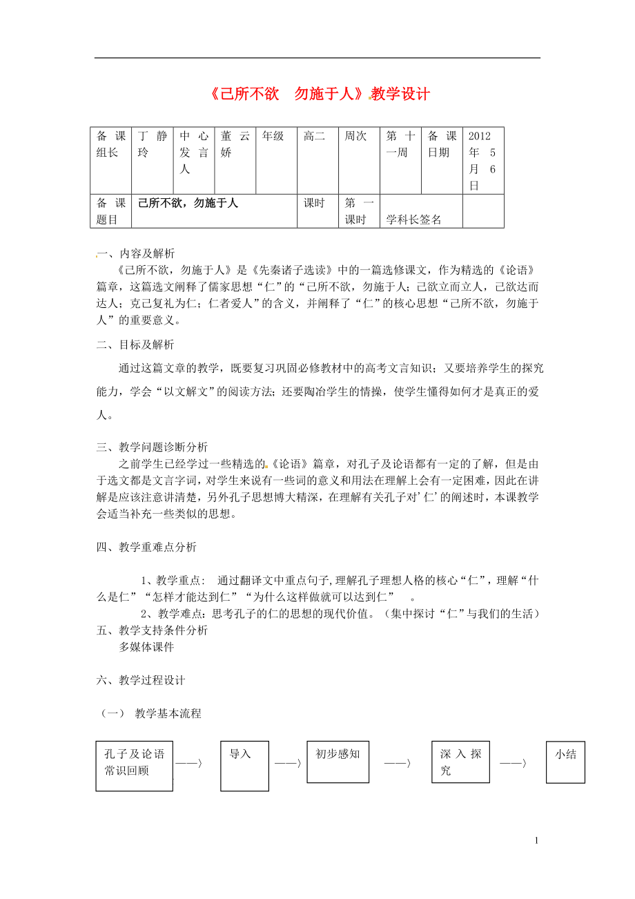 云南省德宏州梁河縣一中高二語(yǔ)文《己所不欲 勿施于人》教學(xué)設(shè)計(jì) 人教版_第1頁(yè)