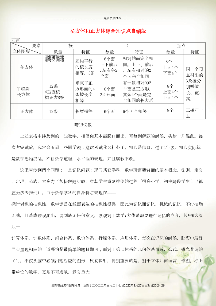 六年级数学上册 一 长方体和正方体单元综合知识点全套讲解附练习 苏教版(共26页DOC)_第1页