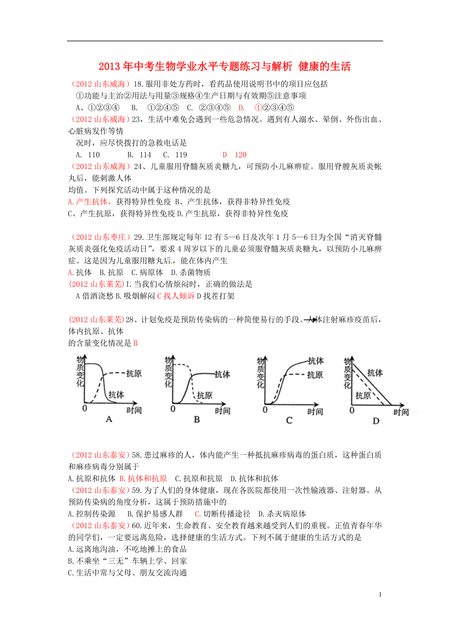 2013年中考生物學(xué)業(yè)水平專題練習(xí)與解析 健康的生活_第1頁(yè)