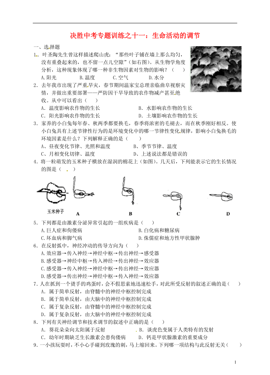 浙江省溫州市平陽(yáng)縣鰲江鎮(zhèn)第三中學(xué)中考科學(xué) 決勝專(zhuān)題訓(xùn)練之十一 生命活動(dòng)的調(diào)節(jié) 浙教版_第1頁(yè)