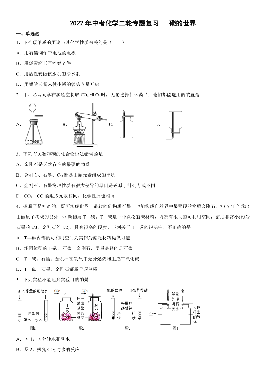 -2022年中考化學(xué)二輪專題復(fù)習(xí) 碳的世界（word版有答案）_第1頁(yè)