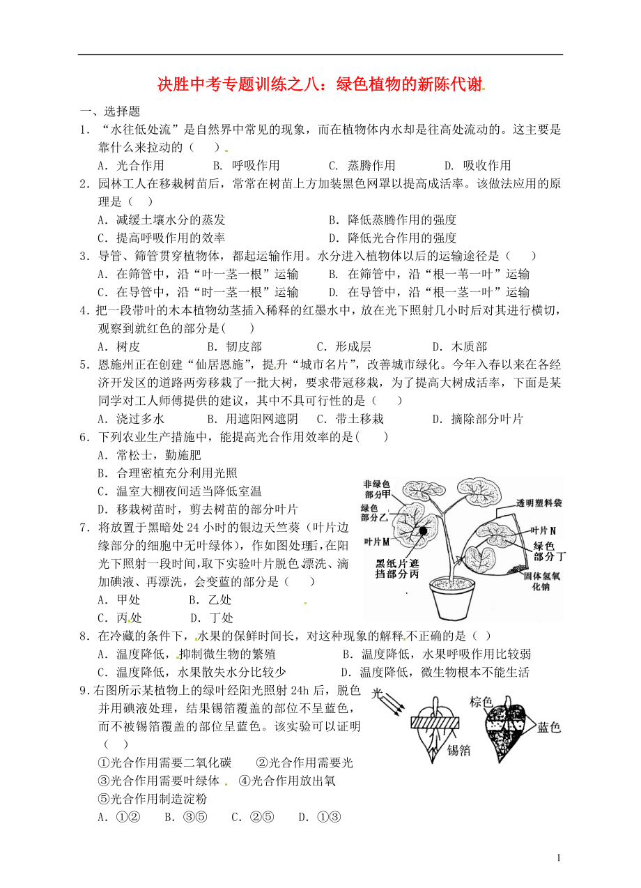 浙江省溫州市平陽縣鰲江鎮(zhèn)第三中學(xué)中考科學(xué) 決勝專題訓(xùn)練之八 綠色植物的新陳代謝 浙教版_第1頁